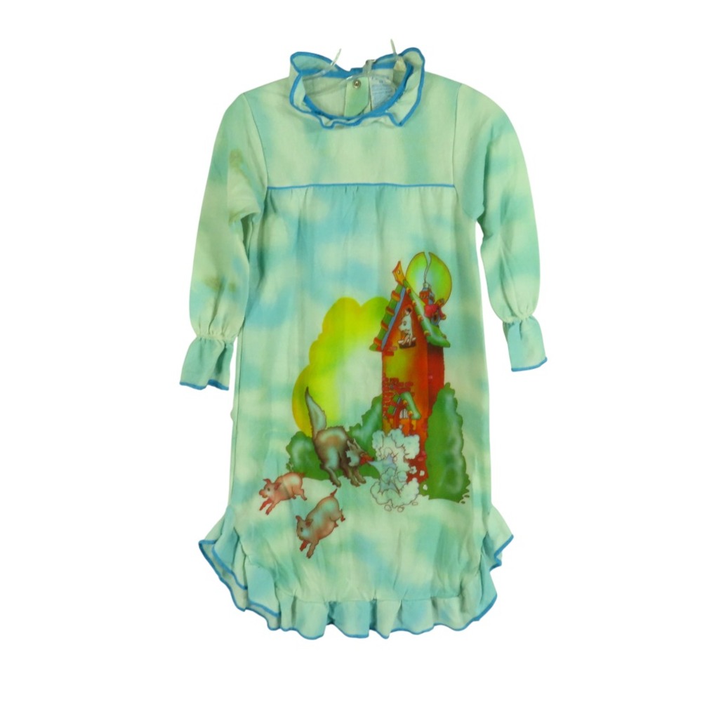 VTG Carter's Blue Cloud KNIT NIGHTGOWN GOWN Ruffle Trim 3 LITTLE PIGS w/WOLF 3T